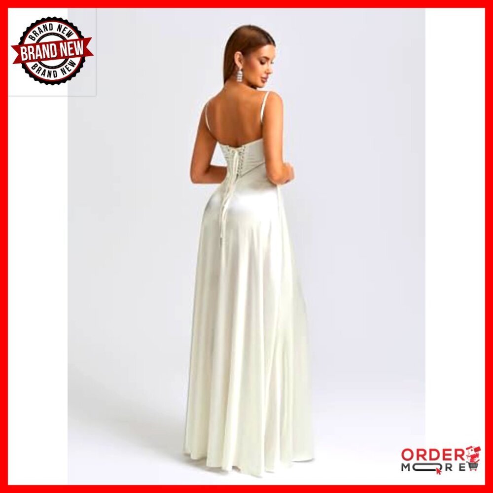 Satin Maxi Dress Elegant Formal Evening Gown Lace Up Corset Backless - Picture 3 of 6